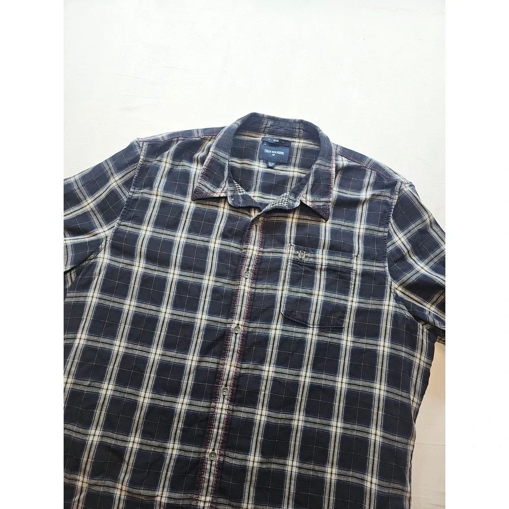 True Religion Mens Western Shirt  Slim Fit Size XL Plaid Dark Blue